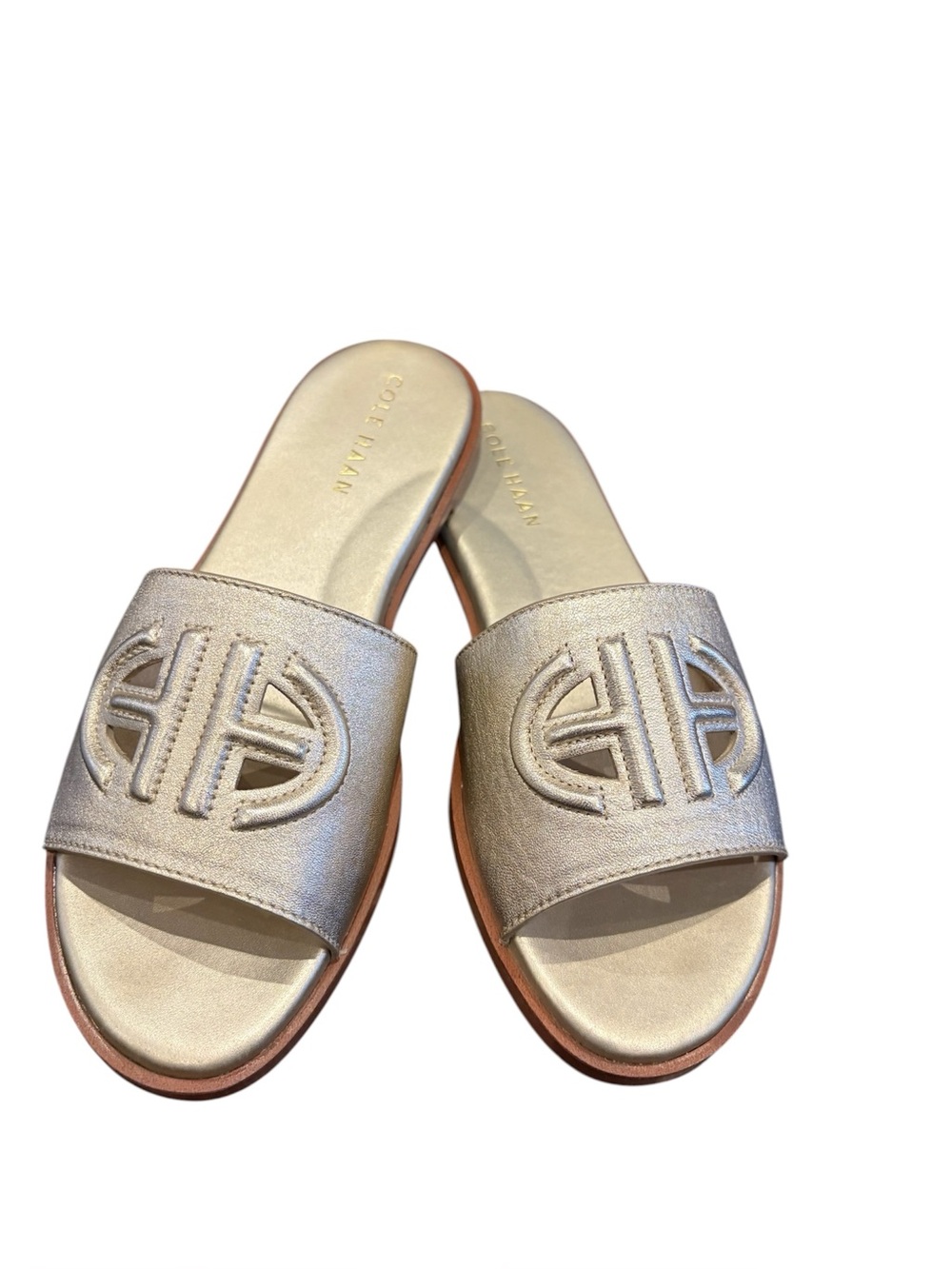 Cole Haan Gold Slide Sandals - Metallic Leather Slip-Ons, size 6